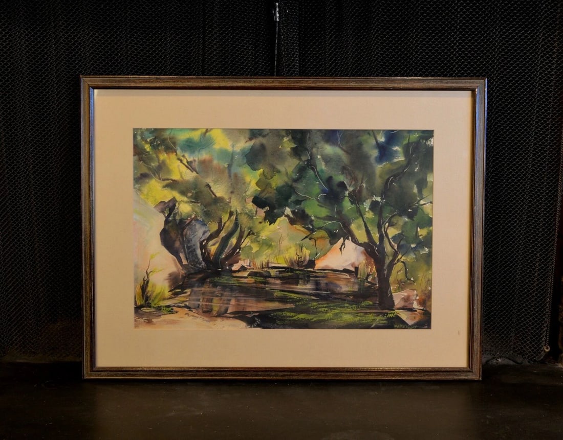 LANDSCAPE WATERCOLOR PAINTING - CREEK IN WOODS - GREENS - BETTE VOGT 1905-99 (1 of 2)