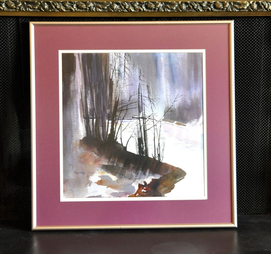 FEDORAK - ORIGINAL WATERCOLOR PAINTING - WINTER WOODS - DEEP MAUVES WHITE BROWNS (1 of 2)