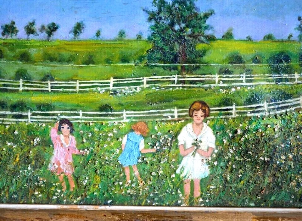 ORIGINAL OIL PAINTING - YOUNG GIRLS PLAYING IN FIELDS OF FLOWERS - MARION PRICE (1 of 1)