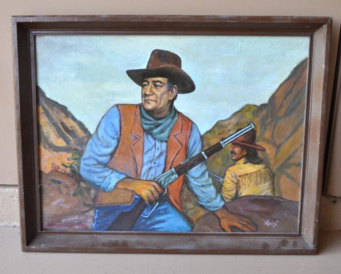 ORIGINAL PAINTING - JOHN WAYNE IN THE WILD WEST WITH SHOTGUN - MAIRS - FRAMED (1 of 2)