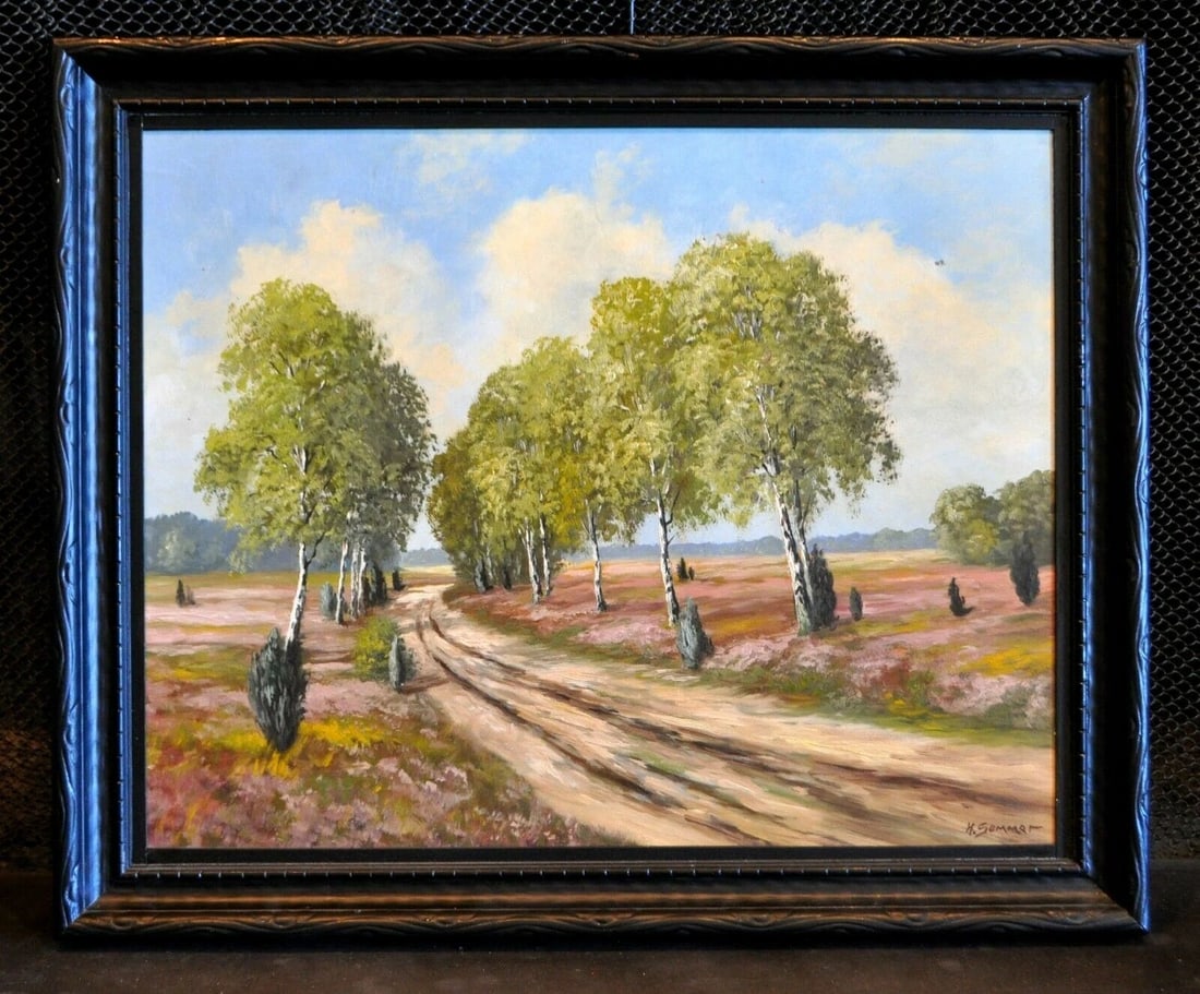 VINTAGE LANDSCAPE OIL PAINTING - POPLAR TREES LINING COUNTRY ROAD - H. SOMMER: VINTAGE LANDSCAPE OIL PAINTING - POPLAR TREES LINING COUNTRY ROAD - H. SOMMER Item Description: This lovely vintage oil painting shows a peaceful country landscape. Rows of Poplar trees line both side