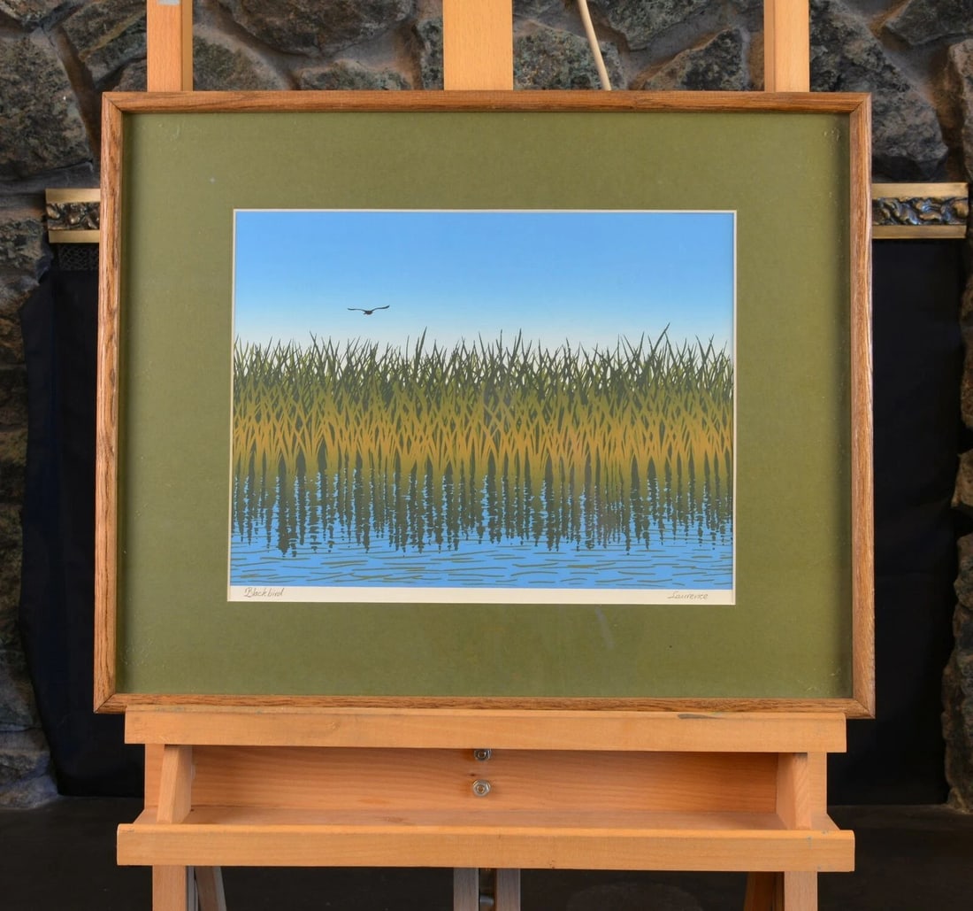 FRAMED SCREEN / BLOCK PRINT - BLACKBIRD BIRD FLYING ABOVE REEDS - PENCIL SIGNED (1 of 1)