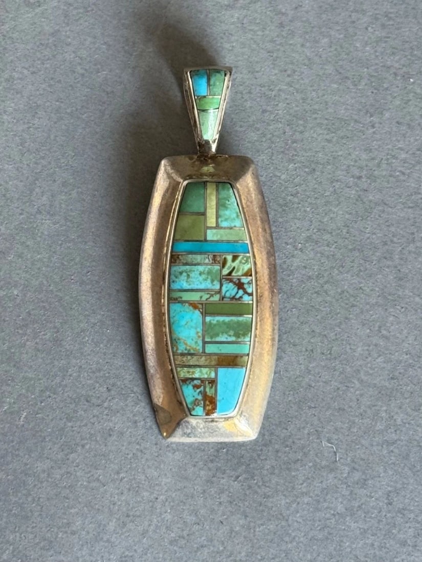 VINTAGE ZUNI STERLING SILVER WITH INLAID TURQUOISE MOSAIC PENDANT SIGNED: VINTAGE ZUNI STERLING SILVER WITH INLAID TURQUOISE MOSAIC PENDANT SIGNED Vintage Zuni Sterling Silver with Inlaid Turquoise Mosaic Pendant Signed .. 2' tall
