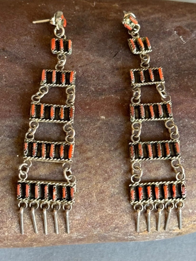 OLD PAWN ZUNI STERLING SILVER WITH CORAL EARRINGS. 3 1/4?? DROP ..NEEDLE POINT .. (1 of 1)