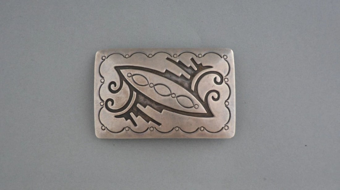 CORBET JOE JR. - OLD PAWN NAVAJO STERLING SILVER BELT BUCKLE - GREAT DESIGN 3X2: CORBET JOE JR. - OLD PAWN NAVAJO STERLING SILVER BELT BUCKLE - GREAT DESIGN 3X2 This vintage sterling silver belt buckle has been beautifully designed and crafted by Navajo silversmith Joe Corbet Jr. 