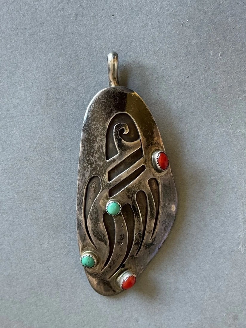 LARGE OLD PAWN HOPI STERLING SILVER BEAR PAW PENDANT -TURQUOISE AND CORAL 3 1/4 (1 of 1)