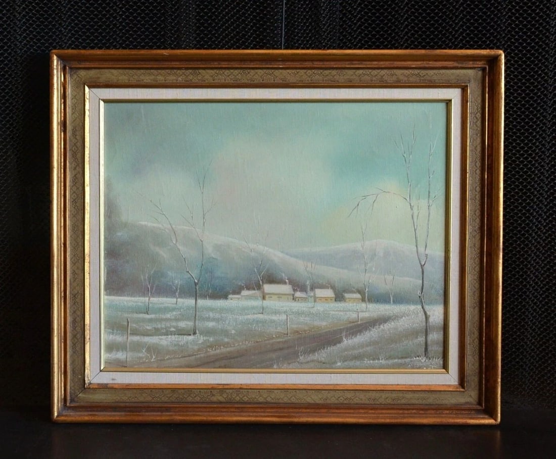 VINTAGE OIL PAINTING - SNOWY WINTER LANDSCAPE - ROLLING HILLS - FARM - SIGNED (1 of 1)