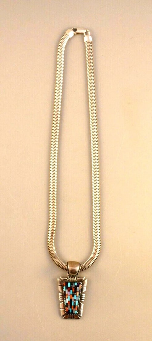 VINTAGE SOUTHWEST SILVER MICRO INLAY MULTI-STONE PENDANT NECKLACE - RELIOS - 18" (1 of 2)