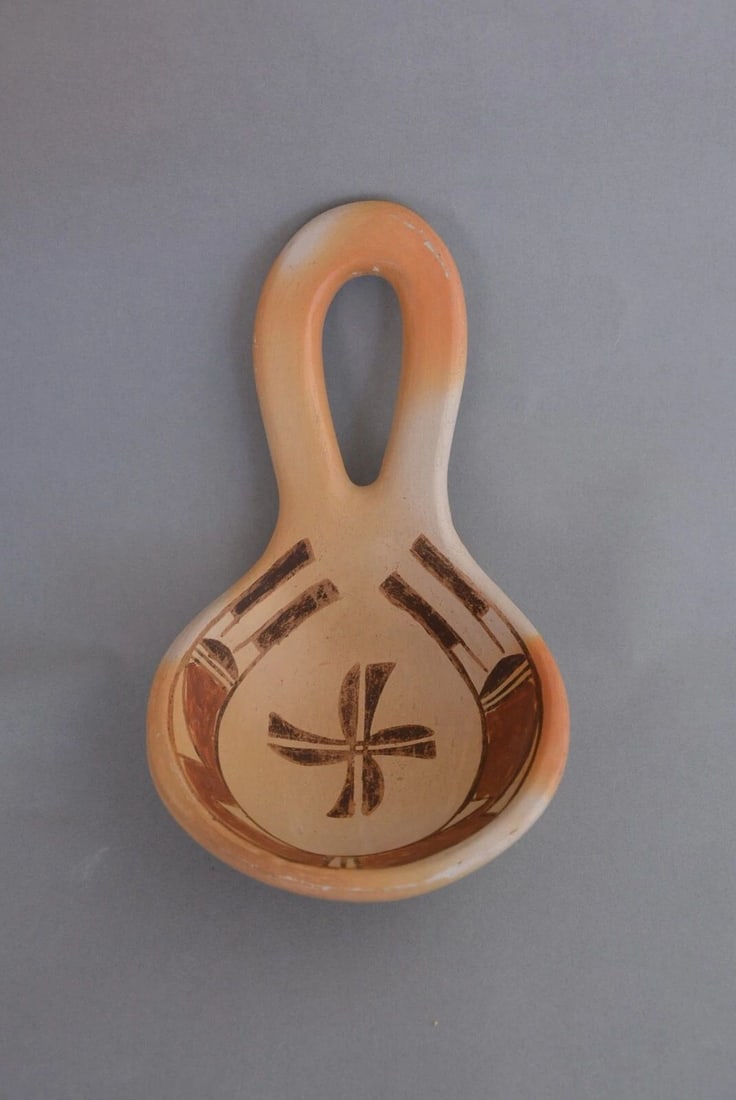 LARGE OLD HOPI INDIAN POTTERY LADLE - POLYCHROME - CROSS DESIGN - 10" (1 of 2)