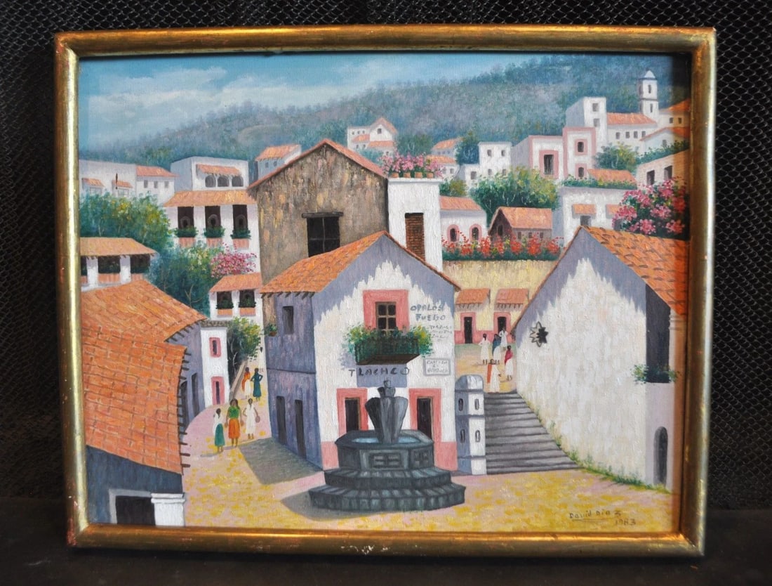 COLORFUL PAINTING OF VILLAGE IN MEXICO LATIN AMERICA "DAVID DIAZ" 1983 (1 of 2)