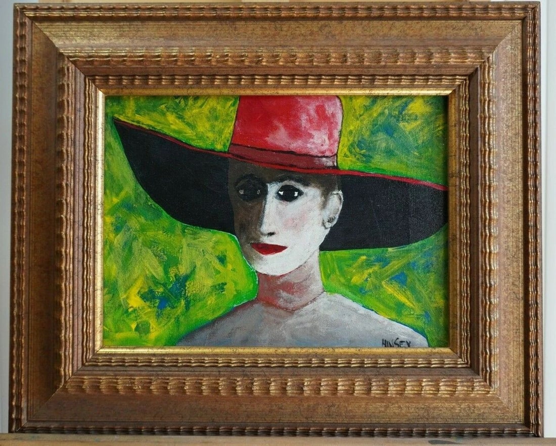 ORIGINAL PAINTING - PORTRAIT WOMAN IN LARGE RED HAT - PRESCOTT AZ JOHN HINSEY: ORIGINAL PAINTING - PORTRAIT WOMAN IN LARGE RED HAT - PRESCOTT AZ JOHN HINSEY Item Description: This painting was done by Prescott Arizona artist John Hinsey who is sometimes referred to as "Grandpa M