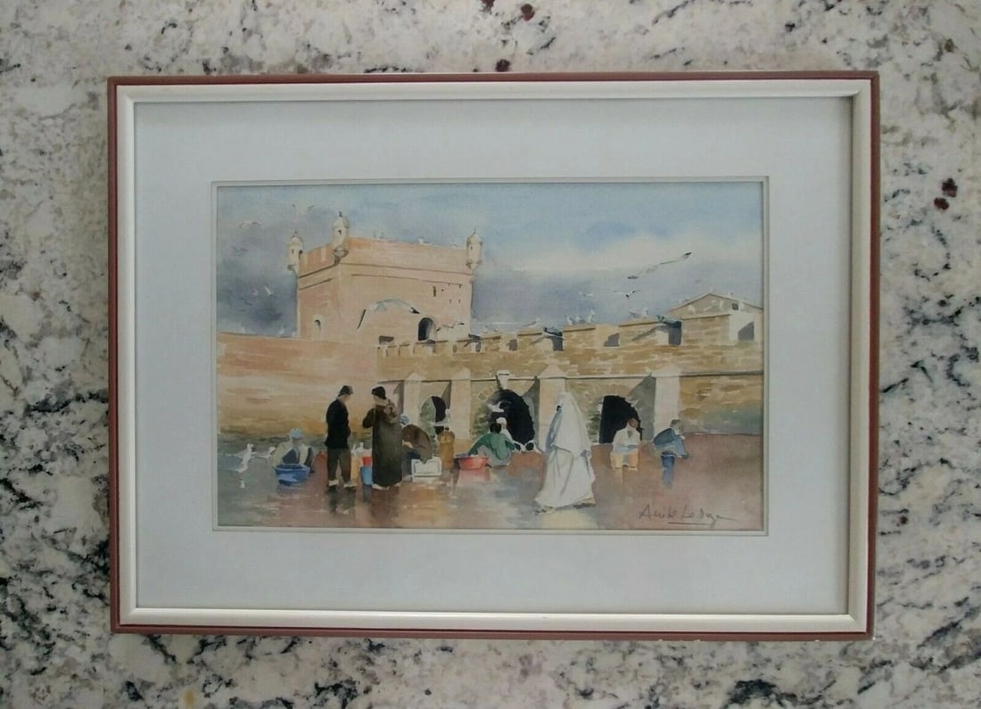 WATERCOLOR PAINTING OF OLD MIDDLE EASTERN SEAPORT - HISTORIC CITY ACRE, ISRAEL ? (1 of 1)