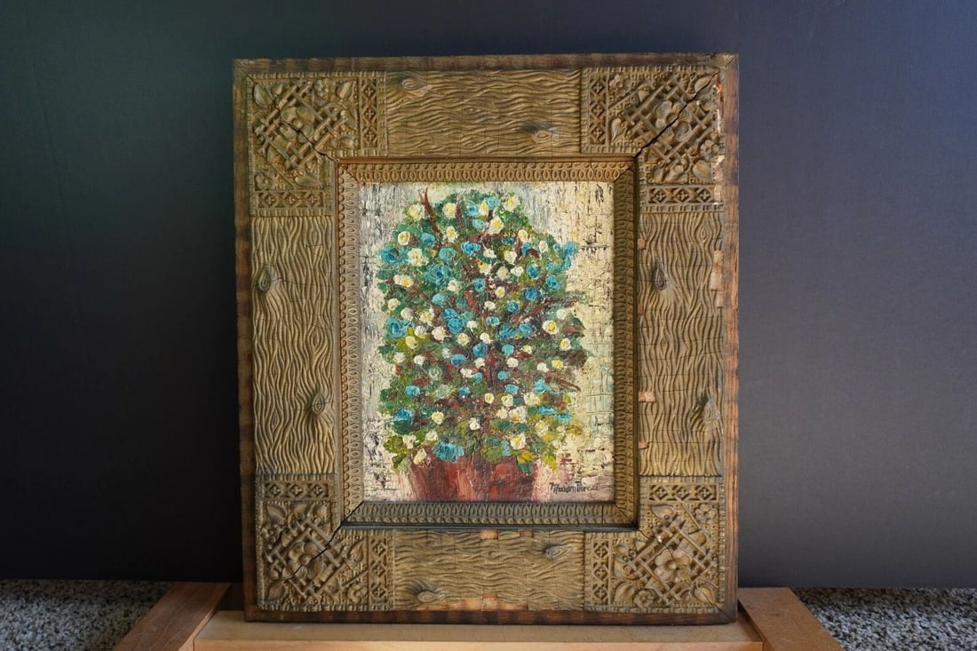 VTG PAINTING - STILL LIFE YELLOW BLUE FLOWERS - UNIQUE FRAME - MARION PRICE (1 of 2)