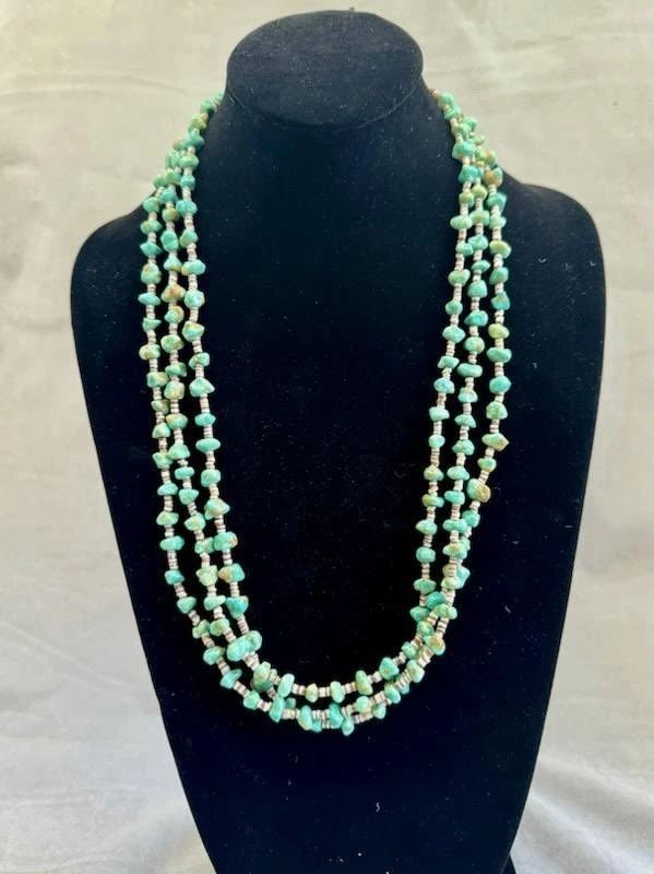 OLD PAWN NAVAJO TURQUOISE AND SHELL NECKLACE 24.5: OLD PAWN NAVAJO TURQUOISE AND SHELL NECKLACE 24.5” Old Pawn Navajo Turquoise and Shell 3 row Necklace 24.5”. Turquoise nuggets 1/4”. Sterling Tips ..