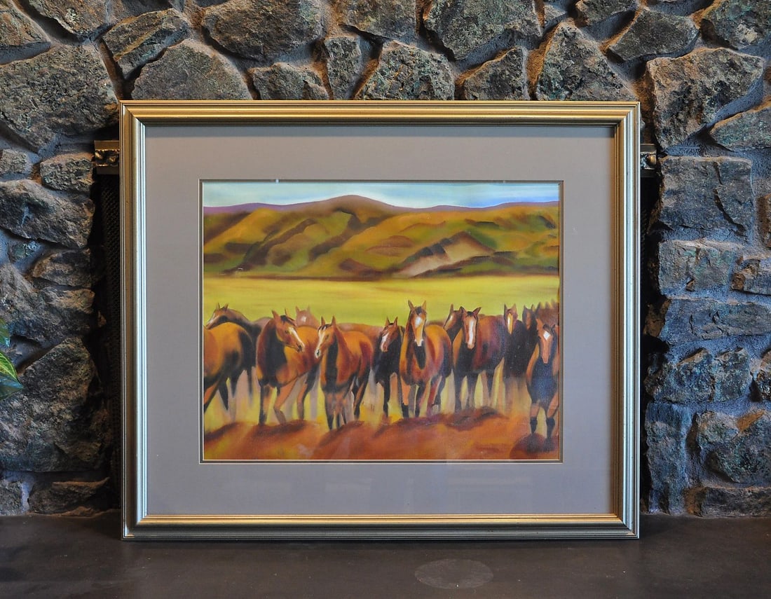 G. HENAO - HERD OF WILD HORSES DESERT MOUNTAINS - NEW MEXICO - FRAMED GICLEE: G. HENAO - HERD OF WILD HORSES DESERT MOUNTAINS - NEW MEXICO - FRAMED GICLEE Item Description: This giclee print on canvas shows a herd of wild horses travelling through what looks to be the high dese