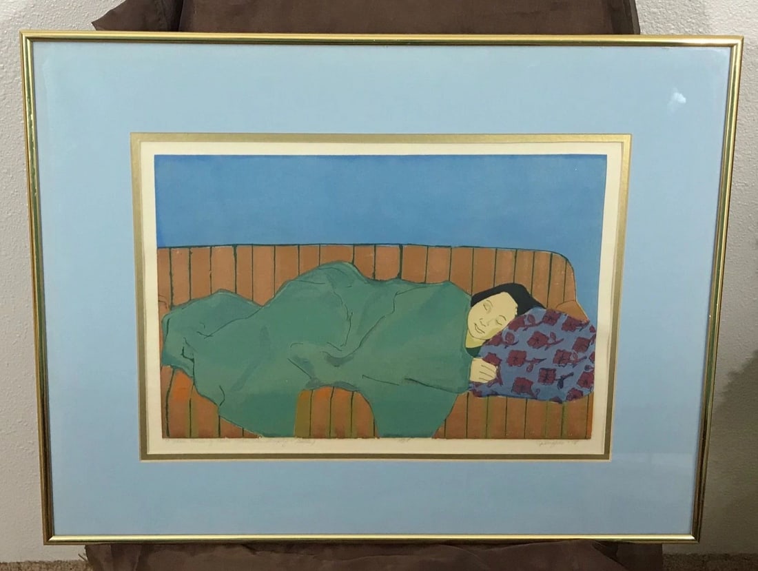 J. HUGHES - VINTAGE SIGNED LMTD ED 15/18 SILKSCREEN PRINT - WOMAN SLEEPING 1978: J. HUGHES - VINTAGE SIGNED LMTD ED 15/18 SILKSCREEN PRINT - WOMAN SLEEPING 1978 Item Description: This vintage silkscreen print is titled in pencil, "To Whom Morning Comes". And, it is part of the art