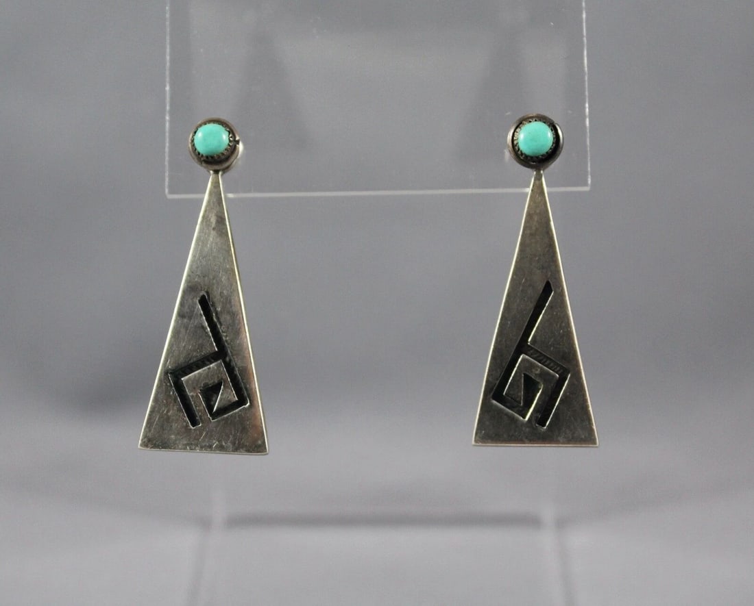 VICTOR COOHWYTEWA VINTAGE HOPI STERLING SILVER AND TURQUOISE EARRINGS: VICTOR COOHWYTEWA VINTAGE HOPI STERLING SILVER AND TURQUOISE EARRINGS Item Description: 1 1/2” length