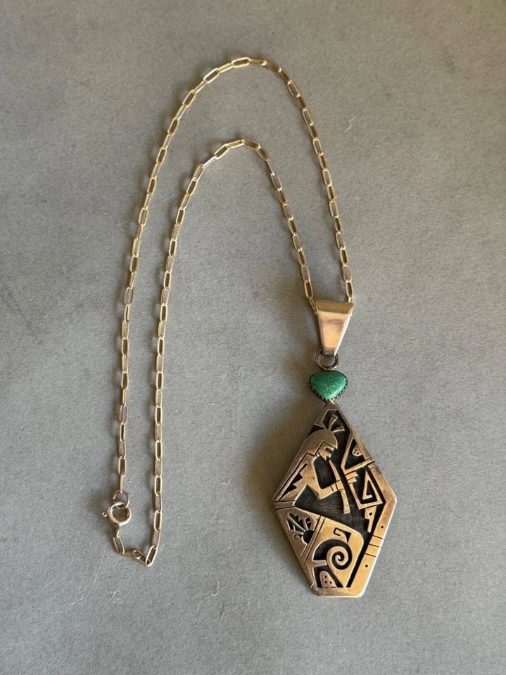 UNUSED HOPI STERLING SILVER WITH TURQUOISE KOKOPELLI PENDANT ON HANDMADE CHAIN (1 of 1)