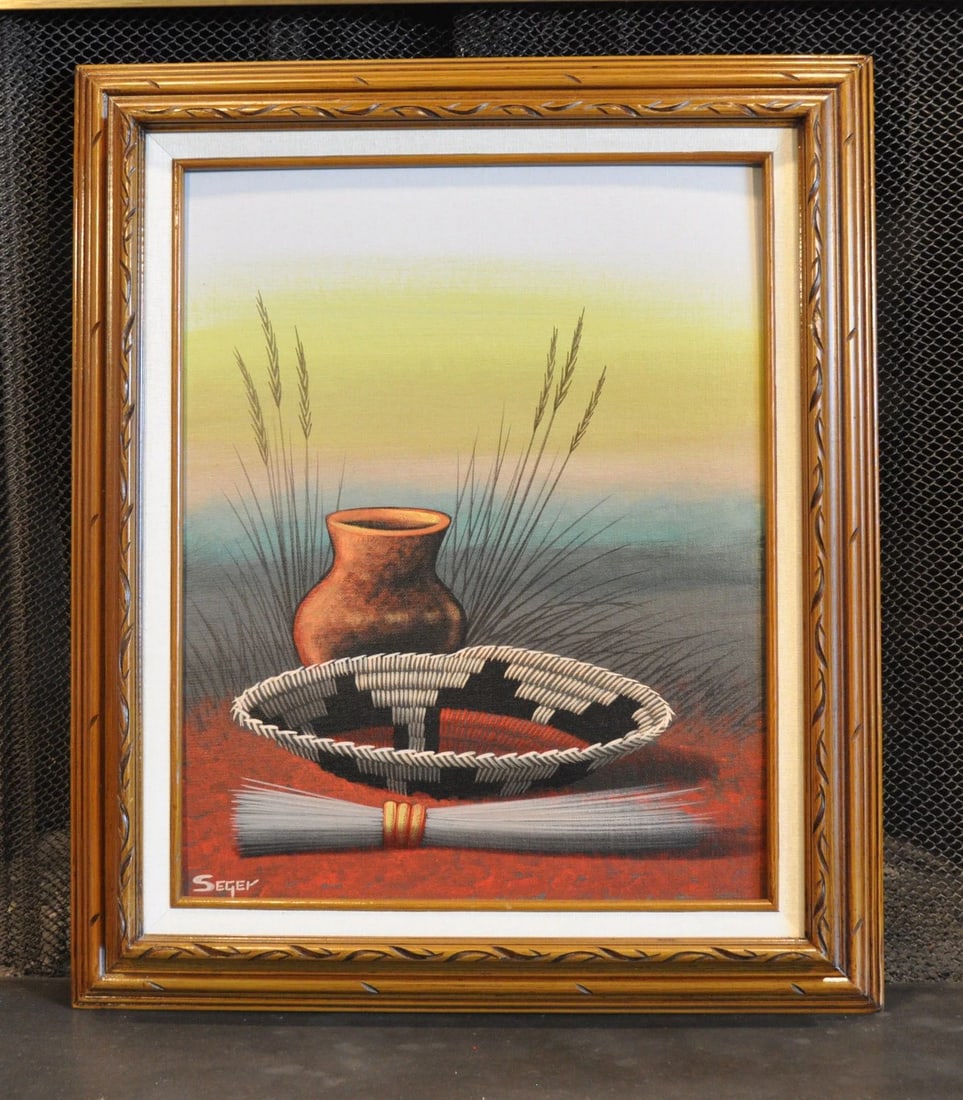 DAVID SEGER - PAINTING NAVAJO TRADITIONAL WEDDING BASKET POT & BRUSH - GALLUP NM (1 of 1)