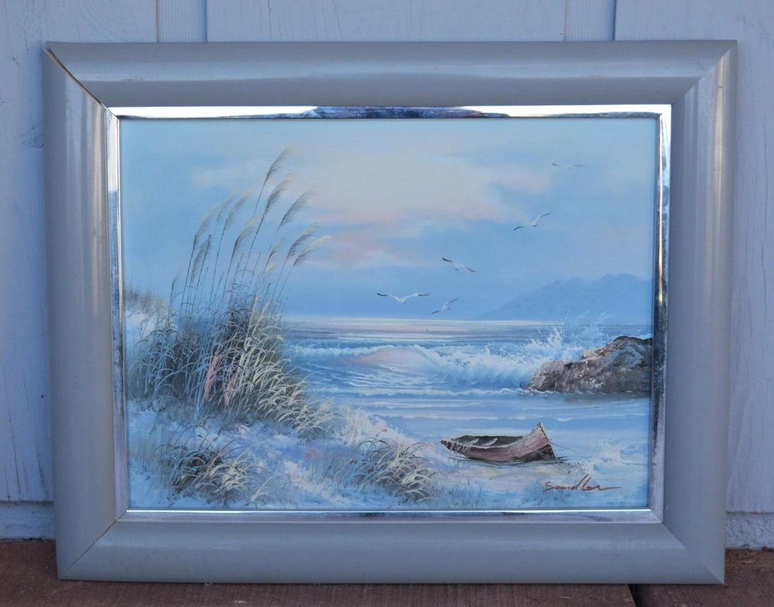 SANDLER - VINTAGE OIL PAINTING SEASCAPE OCEAN WAVES BOAT ON SHORE - FRAMED (1 of 1)