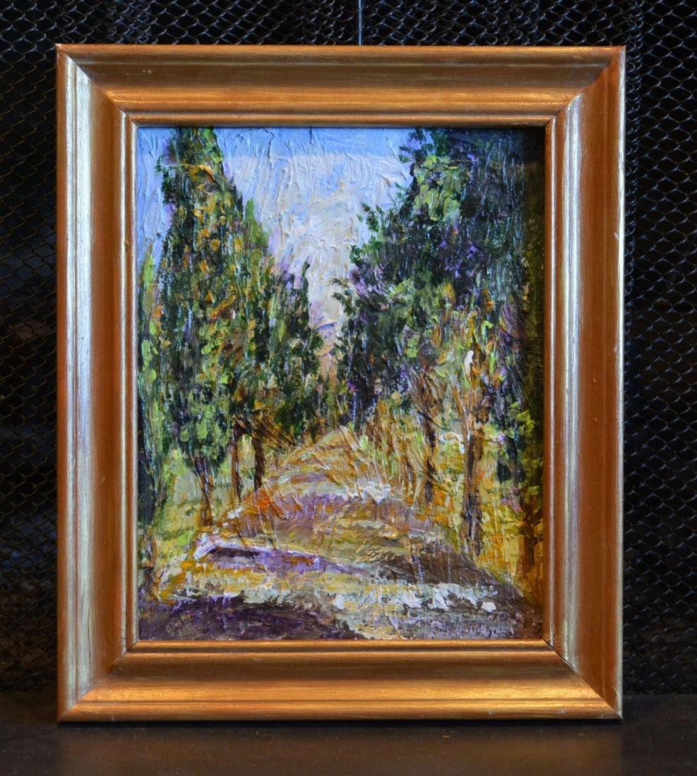 GINETTE CALLAWAY - COLORFUL ORIGINAL PAINTING CYPRESS LINED LANE - ITALY (1 of 1)