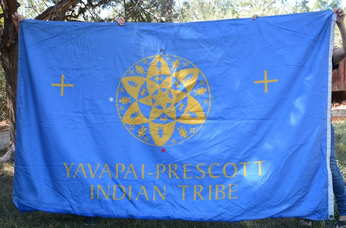 RARE VTG LARGE YAVAPAI PRESCOTT INDIAN TRIBE FLAG - 7' 9" X 4' 8" - TURQUOISE: RARE VTG LARGE YAVAPAI PRESCOTT INDIAN TRIBE FLAG - 7' 9" X 4' 8" - TURQUOISE This is the flag of the Yavapai-Prescott Indian Tribe. It measures 7 feet 9" x 4 feet 8". It has 2 grommets at one side an