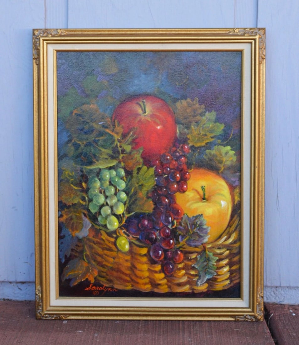 SARALYNN RISSENHOOVER 1939-2024 - STILL LIFE OIL PAINTING - BASKET OF FRUIT: SARALYNN RISSENHOOVER 1939-2024 - STILL LIFE OIL PAINTING - BASKET OF FRUIT This lovely oil painting was done by Colorado artist Saralynn Risenhoover. It is such a beautiful reminder to be grateful - 