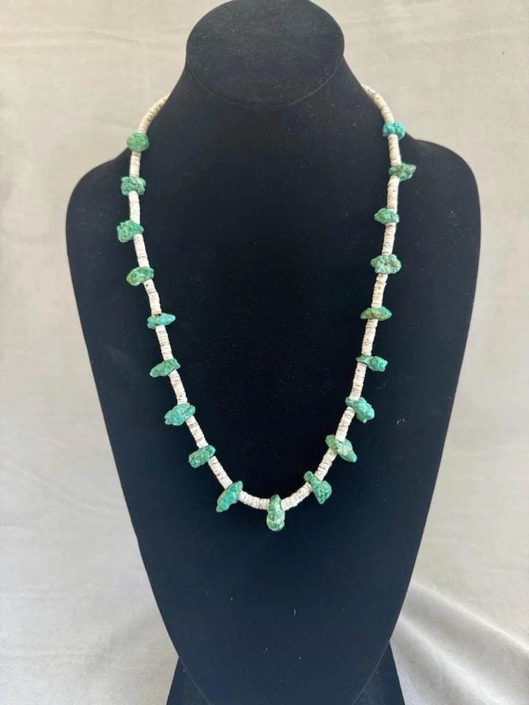 OLD PAWN NAVAJO TURQUOISE AND SHELL NECKLACE 24: OLD PAWN NAVAJO TURQUOISE AND SHELL NECKLACE 24” Old Pawn Navajo Green Turquoise and Shell Necklace 24”. Turquoise nuggets 1/4 to 1/2”.