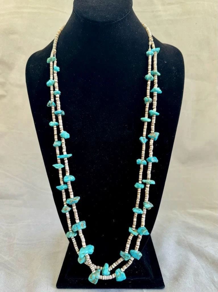 OLD PAWN NAVAJO TURQUOISE AND SHELL DOUBLE NECKLACE 31: OLD PAWN NAVAJO TURQUOISE AND SHELL DOUBLE NECKLACE 31” Old Pawn Navajo Turquoise and Shell Necklace 31”. Turquoise nuggets 1/4-1/2”.