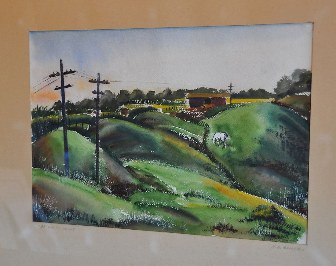 H. G. COHEN - WATERCOLOR PAINTING ROLLING GREEN VERMONT HILLS HORSE BARN 1942 (1 of 2)