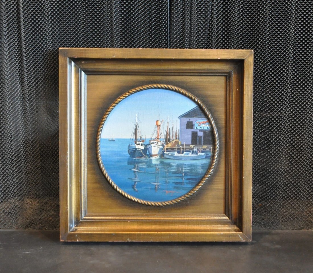VINTAGE OIL PAINTING - BOATS DOCKED AT SEAFOOD SHACK - PORTHOLE FRAME - BERGER (1 of 1)