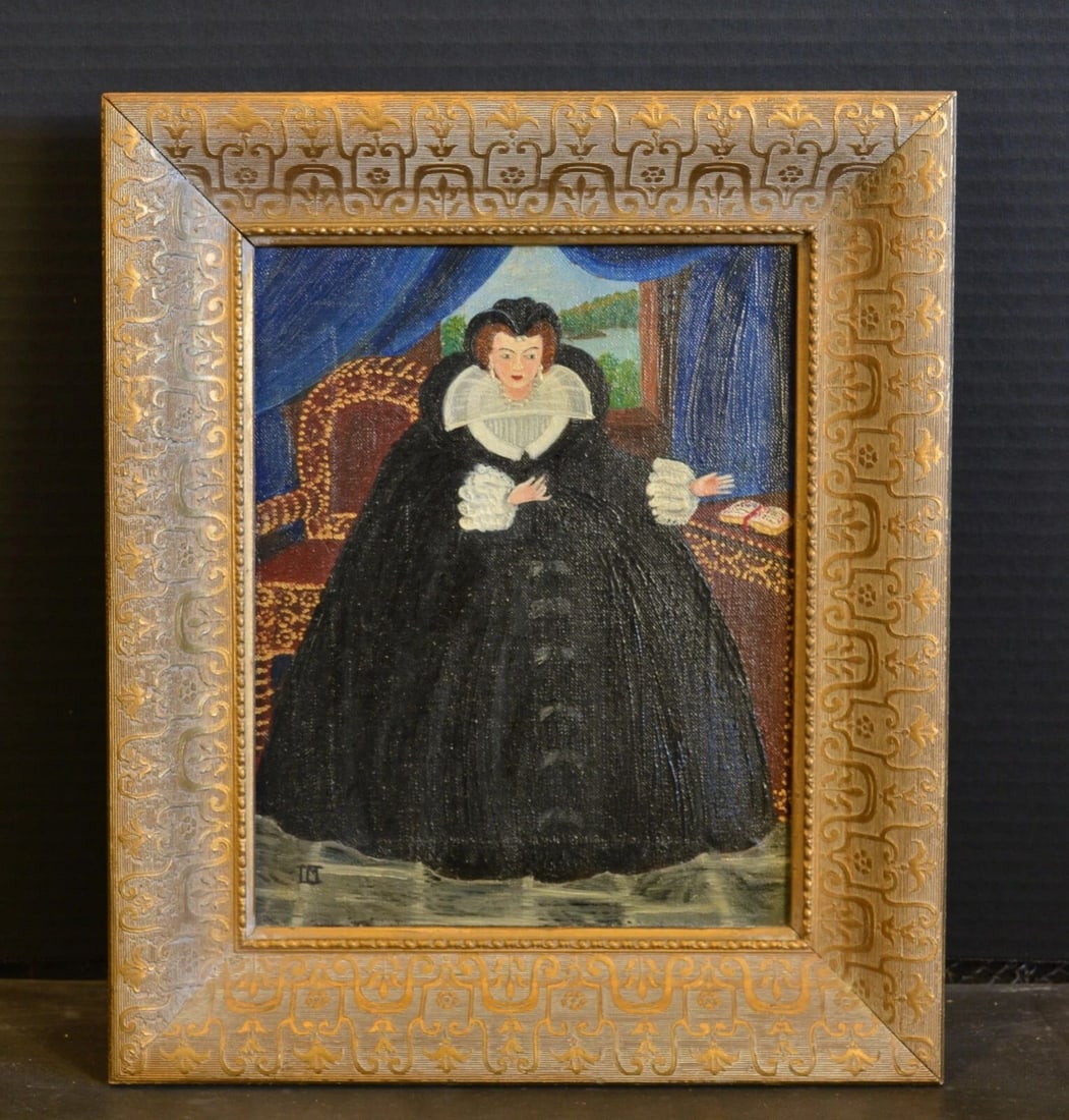 FRAMED PAINTING ELABORATE FRENCH 1616 COURT COSTUME - CLOSED RUFF - INEZ MAUTER (1 of 2)