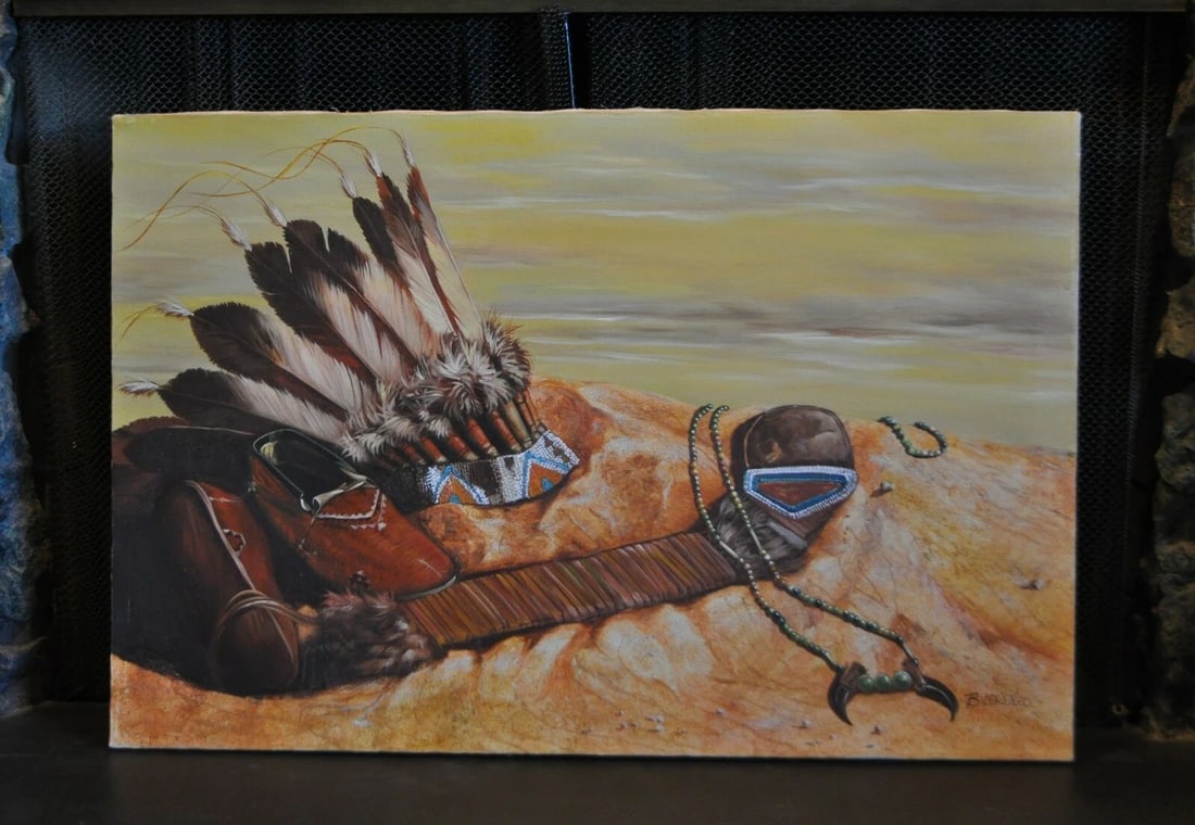 VTG STILL LIFE PAINTING INDIAN HEADRESS BEAR CLAW NECKLACE ON MESA - B. LORENZO (1 of 2)