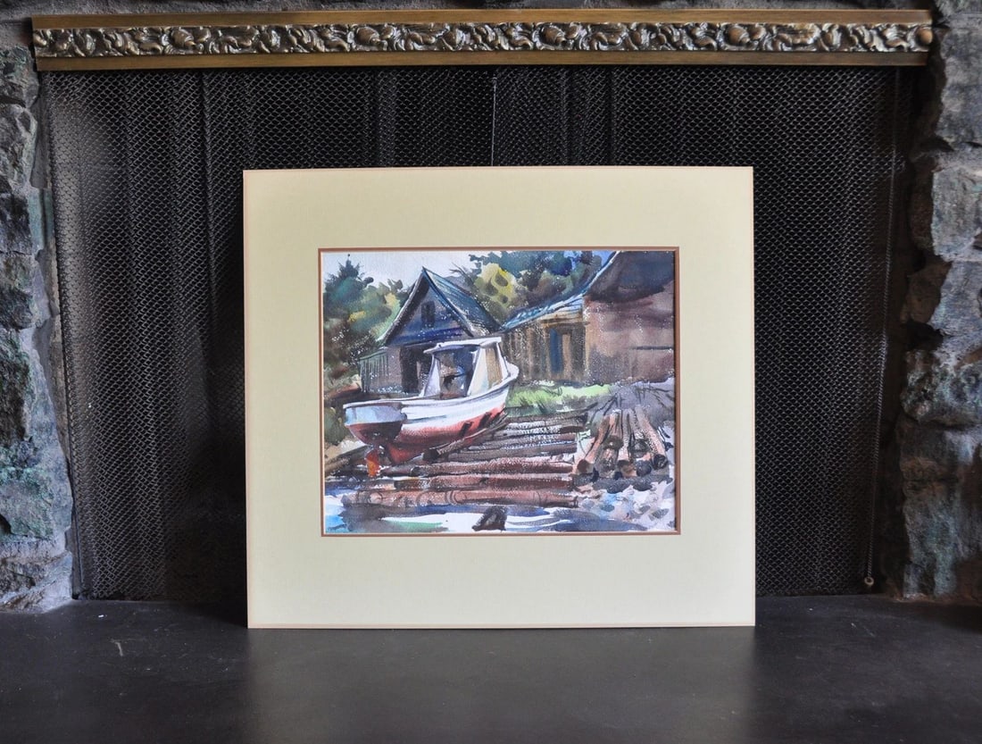 WATERCOLOR PAINTING - FISHING BOAT DOCKED AT CABIN ON LAKE (1 of 2)