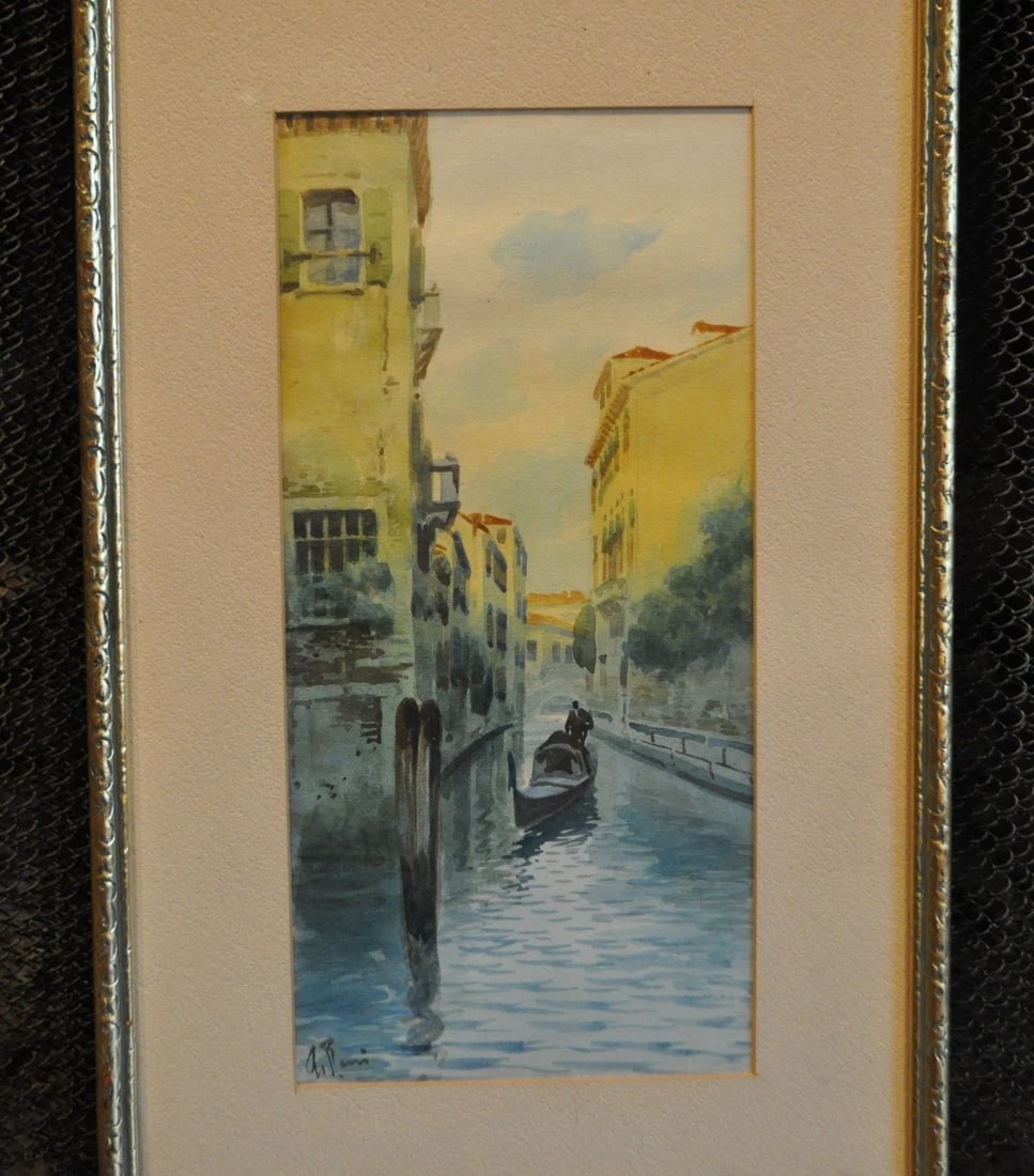 VINTAGE ORIGINAL WATERCOLOR PAINTING - NARROW CANAL & GONDOLA - VENICE, ITALY (1 of 2)