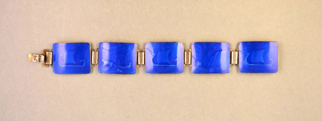 THUNE - NORWAY - STERLING SILVER LINK BRACELET - COBALT BLUE ENAMEL VIKING SHIPS (1 of 2)