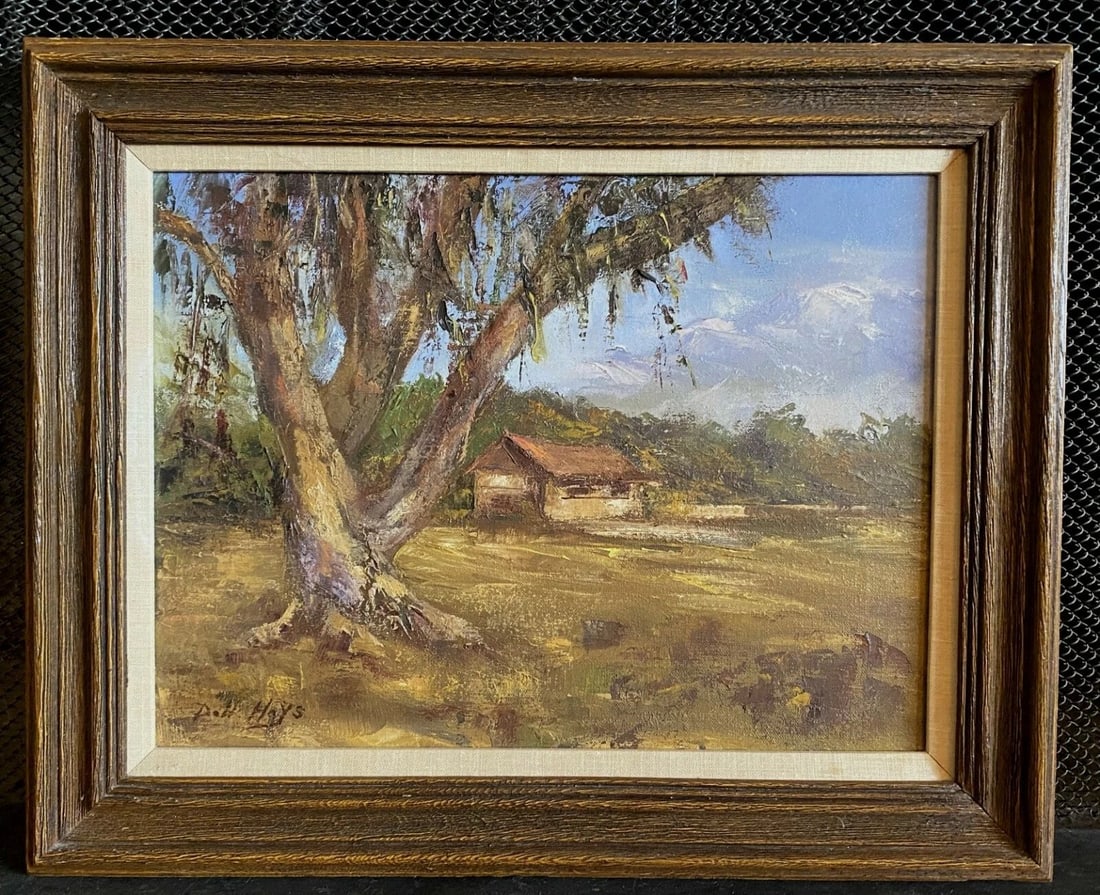 OIL PAINTING CABIN IN MOUNTAINS - FRAMED IMPRESSIONIST - SIGNED P. H. HAYS (?) (1 of 2)