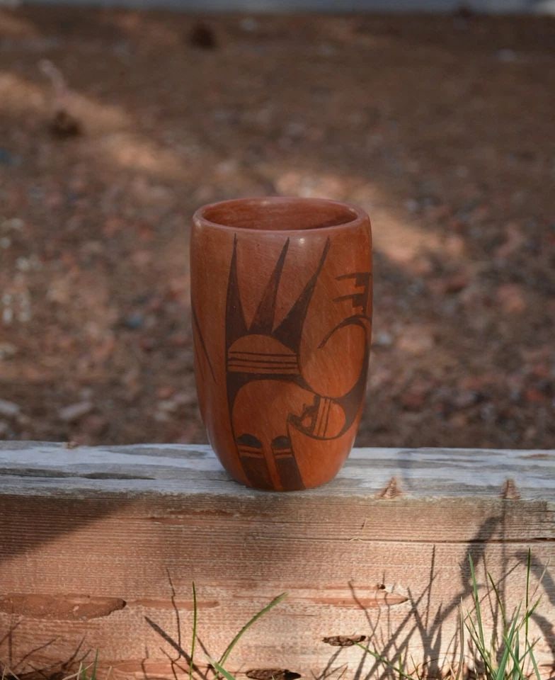 FRIEDA POLEAHLA (1918-1994) - HOPI POTTERY VASE - REDWARE - WING DESIGN - 5.75": FRIEDA POLEAHLA (1918-1994) - HOPI POTTERY VASE - REDWARE - WING DESIGN - 5.75" This vintage pottery vase has been beautifully crafted by Hopi potter Frieda Poleahla (1918-1994). It is 5 3/4" tall by 