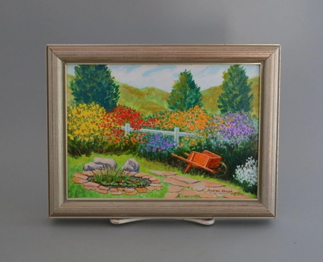 ANDREW KOZAK - MINIATURE PAINTING - SUMMER GARDEN LANDSCAPE FLOWERS - 6" X 8" (1 of 1)