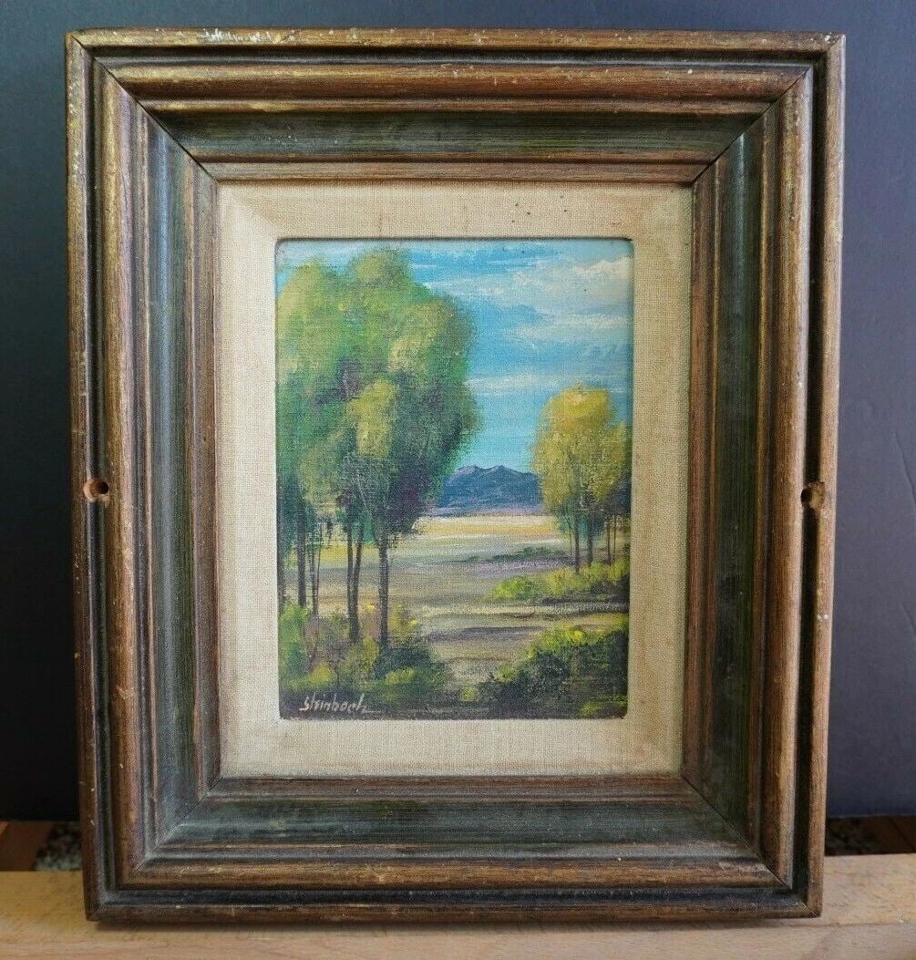 VINTAGE LANDSCAPE PAINTING - TREES MOUNTAINS IN THE DISTANCE - STEINBACH (1 of 1)