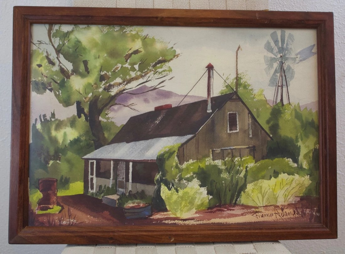 VINTAGE WATERCOLOR PAINTING - OLD COUNTRY HOME WINDMILL - FRANCES ADAMS: VINTAGE WATERCOLOR PAINTING - OLD COUNTRY HOME WINDMILL - FRANCES ADAMS Item Description: This sweet vintage watercolor of an old country home with a windmill was done by Frances Adams. The painting m