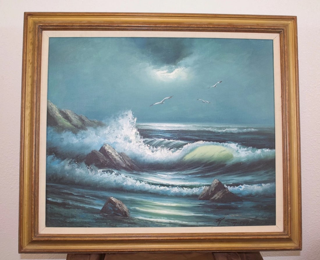 VINTAGE OIL PAINTING - OCEAN WAVES AT SHORE IN MOONLIGHT - ITALIAN R. CRISTI (1 of 1)