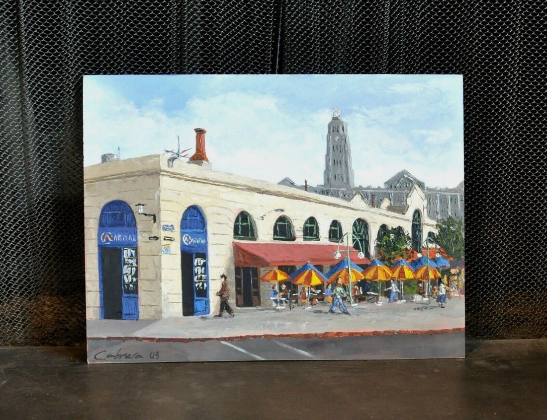 ORIGINAL OIL PAINTING - MARKET CAFE CITY STREET SCENE - SPAIN - CABRERA: ORIGINAL OIL PAINTING - MARKET CAFE CITY STREET SCENE - SPAIN - CABRERA Item Description: This original painting is titled on the back in Spanish, "Back of the Market". And, there is also a note on th