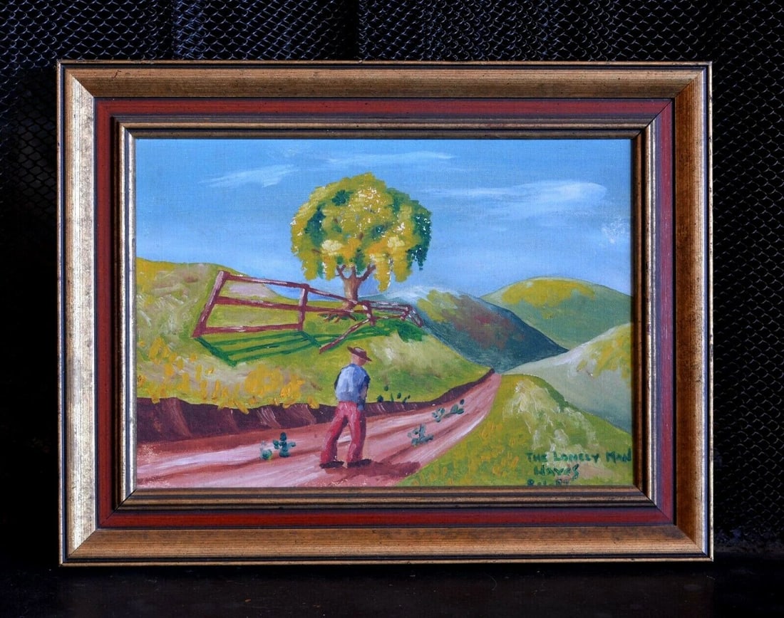 ORIGINAL OIL PAINTING - MAN ON COUNTRY ROAD - "THE LONELY MAN" - HAYES (1 of 2)