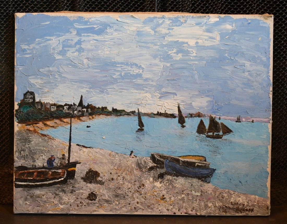 VINTAGE PAINTING OF INLET BAY - SAILBOATS - EUROPEAN VILLAGE - LARRY RUGOFF ? (1 of 2)
