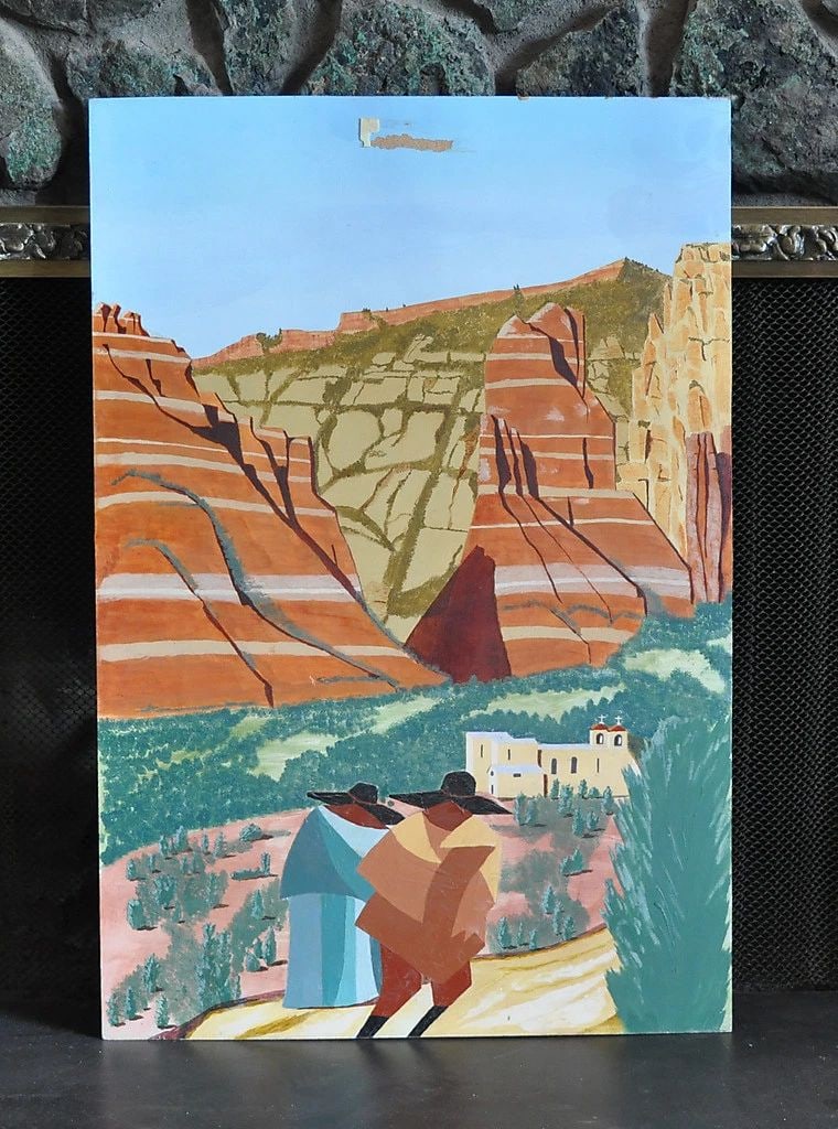 LARGE VINTAGE PAINTING - COPPER CANYON ? MEXICO - MISSION CHURCH: LARGE VINTAGE PAINTING - COPPER CANYON ? MEXICO - MISSION CHURCH Item Description: This vintage original painting on board has a wonderful composition and design with great colors. It shows a desert c