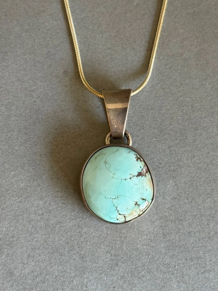 UNUSED NAVAJO STERLING SILVER AND DRY CREEK TURQUOISE PENDANT ON STERLING CHAIN (1 of 2)