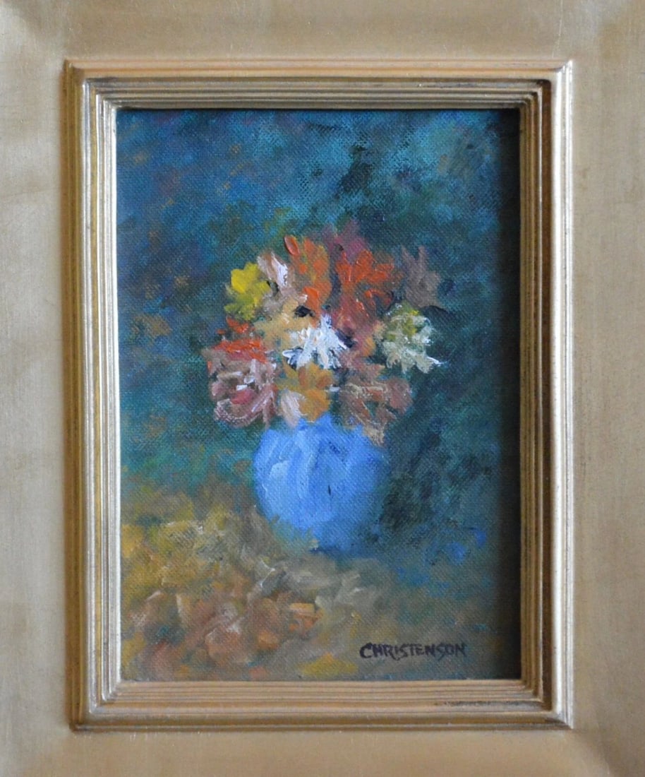 R. W. CHRISTENSON - SMALL OIL PAINTING - STILL LIFE FLOWERS IN VASE - FRAMED: R. W. CHRISTENSON - SMALL OIL PAINTING - STILL LIFE FLOWERS IN VASE - FRAMED This lovely still life oil painting was done by R. W. Christenson. It is oil on board and signed in the lower right. The pa
