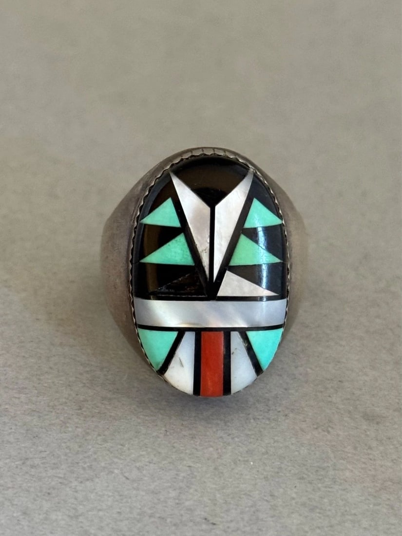 VINTAGE ZUNI STERLING SILVER W TURQUOISE CORAL SHELL AND JET INLAY RING SIZE 13 (1 of 2)