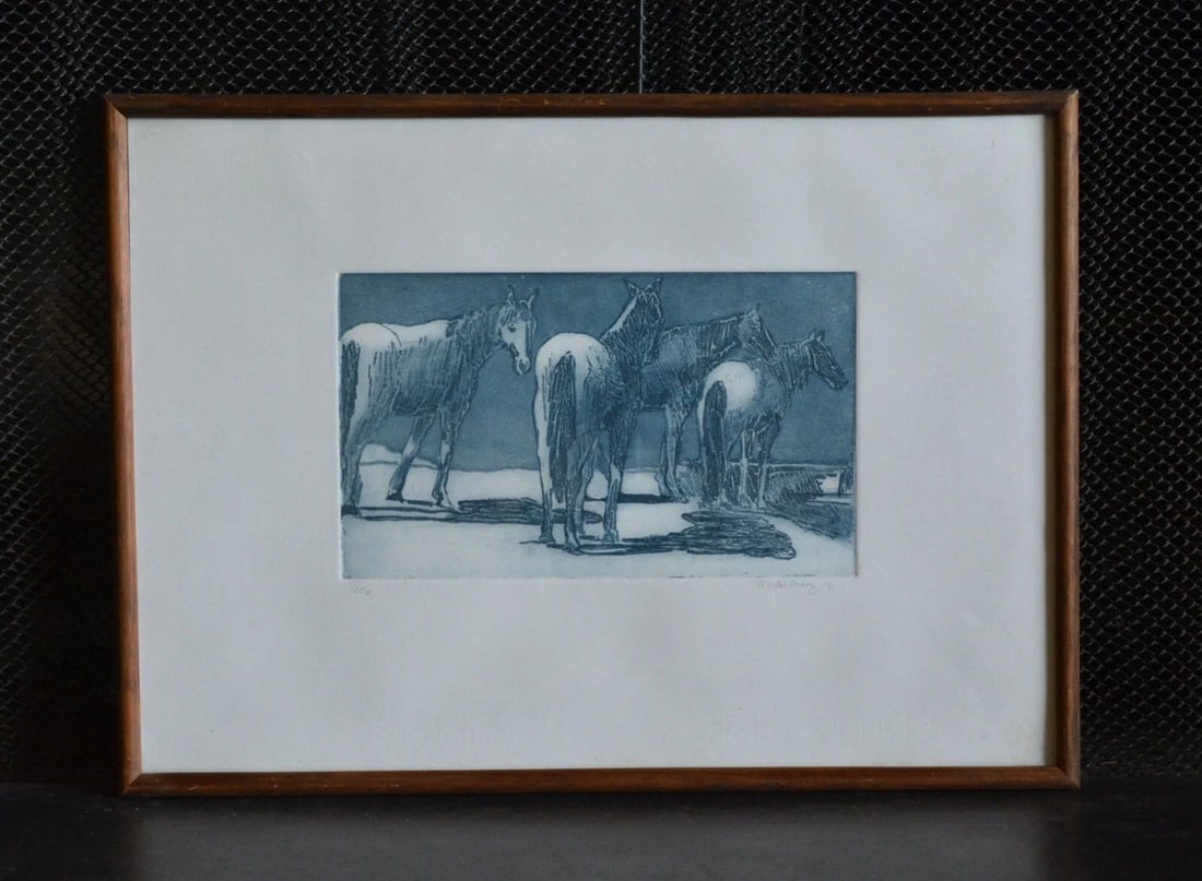MICKI CRUZ - VTG. ETCHING FOUR HORSES - SIGNED LMTD ED. 1/20 - 1981 - FRAMED: MICKI CRUZ - VTG. ETCHING FOUR HORSES - SIGNED LMTD ED. 1/20 - 1981 - FRAMED This etching shows horses standing looking out over the distance - possibly a canyon. One horse is turned and looking towar